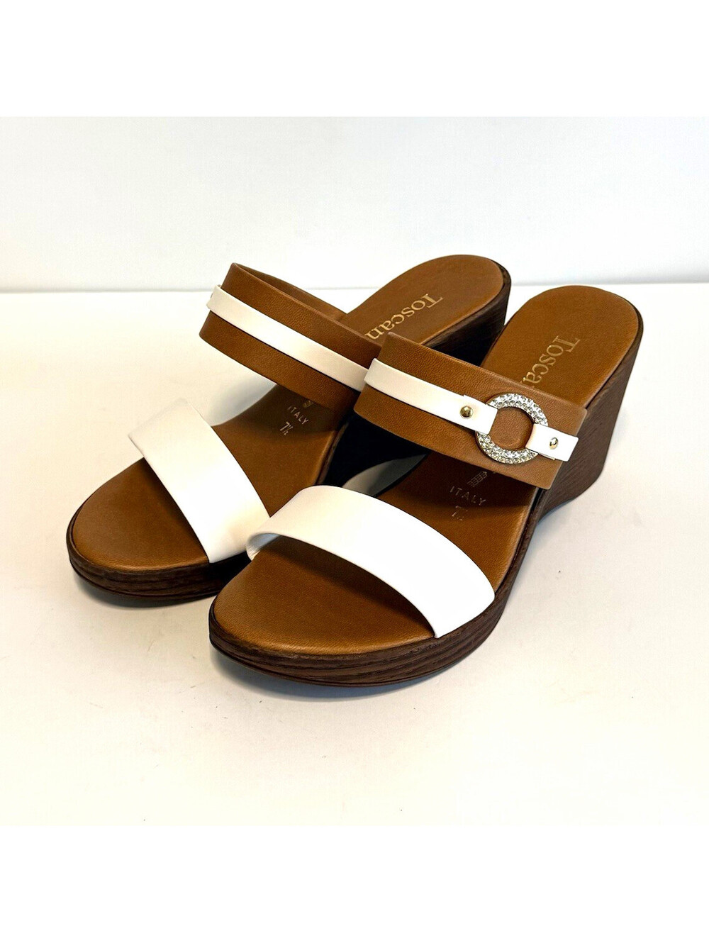 Toscanella Women’s 7.5 White Brown Rhinestone Wedge Slide Sandals Made Italy
